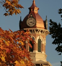 Top view of a clock tower with trees 